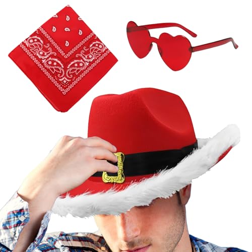 Huvqianu Weihnachtsmann-Cowboyhut, Westernhut, Party-Kopfbedeckung, 3 x Weihnachtsfeier, Cowgirl, breite Krempe, mit Herzbrille und Bandana für Urlaub, Cosplay Huvqianu Weihnachtsmann-Cowboyhut, Westernhut, Party-Kopfbedeckung, 3 x Weihnachtsfeier, Cowgirl, breite Krempe, mit Herzbrille und Bandana für Urlaub, Cosplay von Huvqianu
