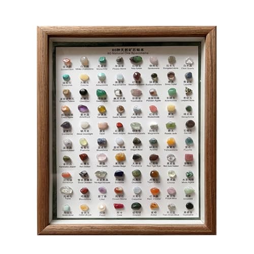 Mineral Identification Kit – 80 x Mineralproben, 27,5 x 22,5 cm Rohsteinsammlung, vielseitige Wohnkultur, klassisches Rohkristallset, Holzrahmen für Frauen und Männer von Huvqianu