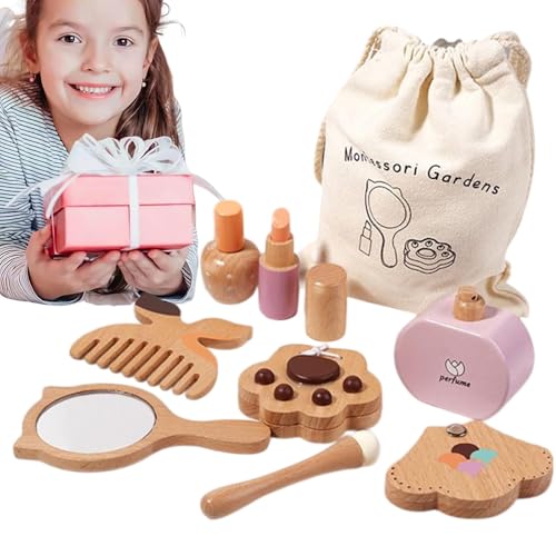 Wooden Pretend Makeup Toy Set, Early Learning Beauty Playset for Girls, Interactive Styling Kit with Cosmetic Accessories and for Kids, Toddler 4-6 Years von Huvqianu