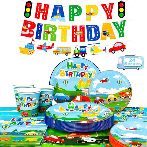 Auto Partygeschirr Kindergeburtstag Deko,190pcs Verkehr Partygeschirr Set Transport Party Banner Verkehr Geburtstag Deko Pappteller Servietten Tischdecken etc Transport Geburtstagsparty Zubehör von Huxolynifty