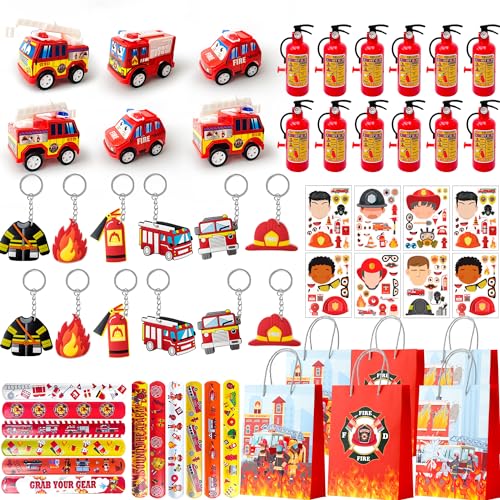 Feuerwehrmann-Partyzubehör, 72-teiliges Feuerwehrmann-Partygeschenk-Set – Feuerwehrmann-Armbänder, Geschenktüten, Aufkleber, Schlüsselanhänger usw., Feuerwehrauto-Partygeschenke für Feuerwehrmann, von Huxolynifty