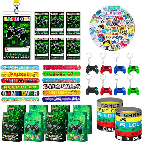 Videospiel Party Mitgebsel,110pcs Videospiel Themen Mitgebsel Set- Spiel Schlüsselanhänger Silicone Wristbands Slap Streifen Aufkleber & Gaming Party Geschenktüten etc Videospiel Themen Partyzubehör von Huxolynifty