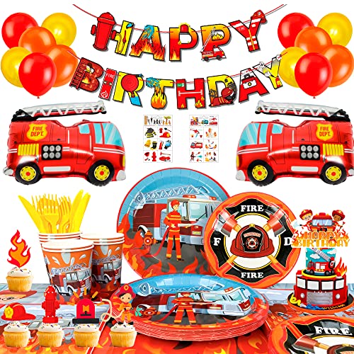 Feuerwehr Deko Kindergeburtstag,155pcs Feuerwehr Geburtstag Deko Partygeschirr Set Deko Feuerwehr Geburtstag luftballons Banner Feuerwehr Party Teller Tasse Tischdecke etc Feuerwehrauto Partyzubehör von Huxolynifty