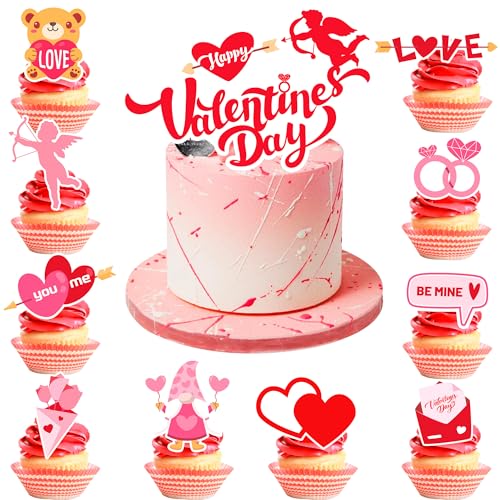 Happy Valentine's Day Cake Topper, 20 Pcs Valentine's Day Cupcake Toppers/Happy Valentinstag Cupcake Toppers & 1 Pcs Valentinstag Kuchen Dekorationen für Happy Valentinstag Dekoration von Huxolynifty