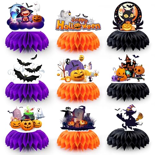 Huxolynifty Halloween Waben Mittelstücke, 9pcs Halloween Honeycomb Mittelstücke Halloween Bienenwabe Mittelstück für Tischdekoration, Halloween Waben Party Tischaufsätze für Halloween Dekoration von Huxolynifty