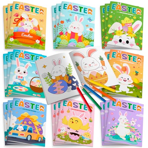 Huxolynifty Oster Malbuch, 24 Pcs Malbuch für Ostern, Ostern Malbuch für Kinder + 12 Pcs Osterparty-Buntstifte für Dekorationen für Osterparty von Huxolynifty