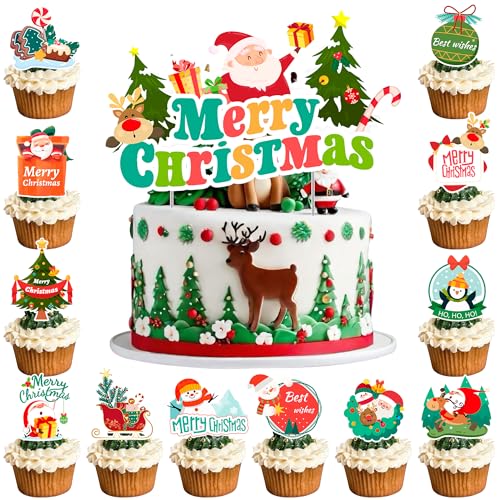 Weihnachtskuchenaufsatz, 13-teiliges Weihnachts-Kuchendekorationsset, 12 Stück Weihnachts-Cupcake-Topper/Weihnachts-Party-Cupcake-Topper und 1 x Weihnachtskuchenaufsätze für von Huxolynifty