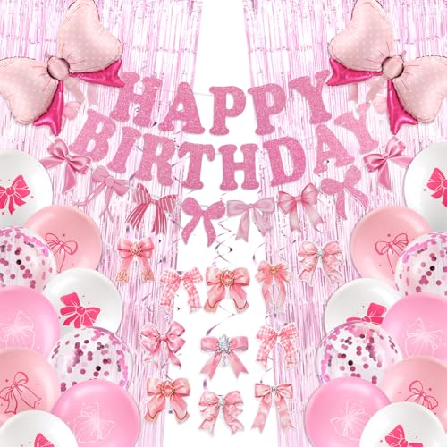 HyDren 57 Stück Rosa Schleife Geburtstag Dekorationen Kokette Happy Birthday Banner Rosa Schleife Party Hängende Wirbel Rosa Schleife Luftballons Rosa Fransen Vorhänge für Mädchen Schleife Party von HyDren