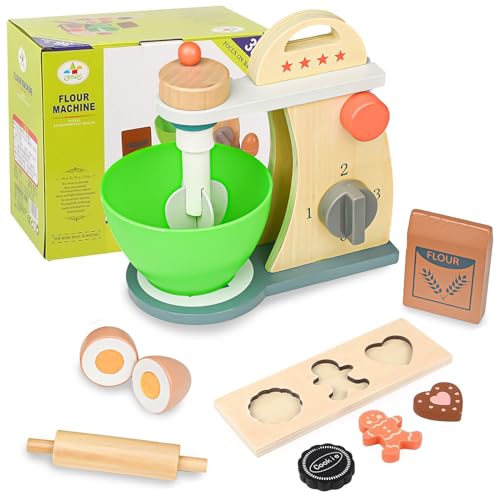 Hyacinthy Mixer Kinderküche, Kinder Mixer Hölzerne Lebensmittel Mixer zum Backen mit Schüssel, Handmixer Kinder Pretend Rolle Spielzeug Backen Set für Alter 3+ Jungen Mädchen von Hyacinthy