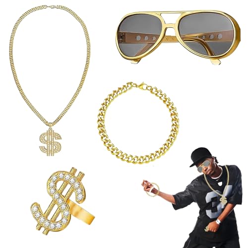 4 Stück Hip Hop Accessory Set, Rapper Accessoires, Rapper Accessoires, Zuhälter Kostüm, Hip Hop Dollar Halskette Brille Armband, für 70er,80er,90er Jahre Accessoires,Fasching Themenpartys Rollenspiel von Hyfkjdm