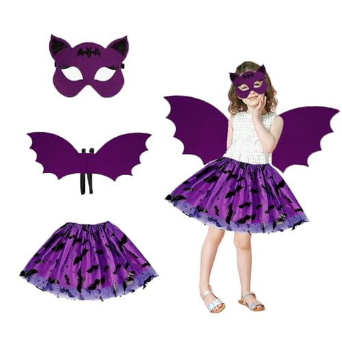 Hyfkjdm Halloween Fledermaus Kostüm Kinder Set 3 Stück, mit Fledermausflügel, Tutu und Maske, Fledermauskostüm Mädchen, Lila Fledermaus Kostüm Set, für Kinder Halloween Karneval Fasching Mottoparty von Hyfkjdm