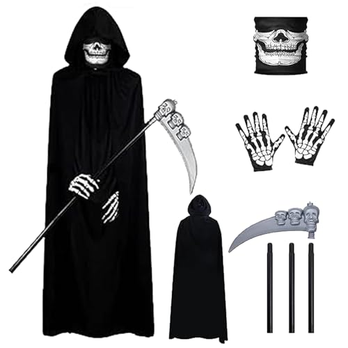 Hyfkjdm 4 Teile Sensenmann Kostüm,Halloween Kostüm Sensenmann,Schwarzer Umhang mit Kapuze, Sense, Skelett Maske & Skelett Handschuhe,Halloween Umhang Set,für Halloween Dekoration Cosplay von Hyfkjdm