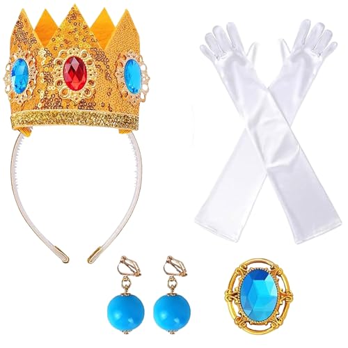 Prinzessin Peach Kostüm Zubehör 4 Stück, Prinzessin Peach Kostüm Zubehör Kit, Prinzessin Peach Krone, Ohrringe, Handschuhe, Brosche, für Frauen Mädchen Karneval Halloween Cosplay von Hyfkjdm