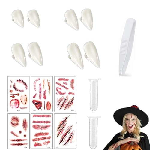 4 Größen Vampir Zähne,Vampir Fangs,Vampire Zähne Gefälschte mit 2 Rohr Zähne Pellets Klebstoff und 6 Bögen Halloween Tattoo für Cosplay Party Requisiten Halloween Gefälligkeiten von Hyfkjdm