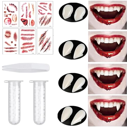 4 Paar Vampir Zähne,Vampir Fangs,Vampire Zähne Gefälschte mit 2 Rohr Zähne Pellets Klebstoff, 1 Rohr Pellets Klebstoff und 6 Bögen Halloween Tattoo für Cosplay Party Requisiten Halloween Party ZäHne von Hyfkjdm