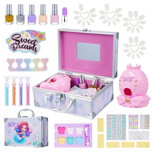 Hylukon Kinderschminke Set, 32 PCS Kinder Make Up Set mit Nageltrockner, Nagellack, Lidschatten, Goldpulver für Nägel, Nagelschleifer, Kunstnägel, Aufkleber, Kinder Schminkkoffer Paket von Hylukon