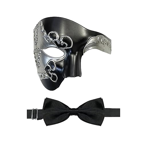 HyperFun Maskerade Maske für Männer Phantom der Oper Halbmaske mit Fliege, Vintage Venezianische Masken für Kostüm/Motto-Partys (Black Earl) von HyperFun