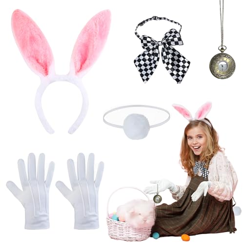 Hyran 5 Stücke Hase Kostüm Set für Kinder & Damen - Hasenohren Haarreif, Fliege, Hasenschwanz, Handschuhe & - Taschenuhr, Karneval Ostern Halloween Fasching Cosplay Kostüm Zubehör von Hyran