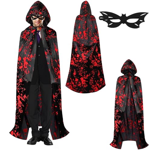 Hyran Halloween Schwarzer Umhang, Vampirumhang, Vampir Cape, Unisex Umhang Mit, Fledermaus Augenmasken Umhang und Maske für Halloween Karneval Cosplay Party von Hyran