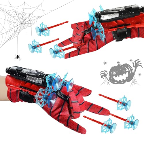 Hyran Spider Launcher Handschuh, 2 Set Held Spielzeug, 2 Spinne Shooter + 2 Kinder Cosplay Handschuh + 6 Sauger Darts, Halloween-Kostüme Kinderspielzeug, Weihnachten, Geburtstag Geschenke von Hyran