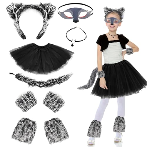 Hyran Werwolf Kostüm Kinder, Wolfkostüm, Wolf Kostüm Kinder, Wolf Cosplay Kostüm, Wolf Ohren und Schwanz Set, Wolf Maske Haarreifen Pfoten Tüllrock, Tierkostüm, Faschingskostüme Accessoire von Hyran