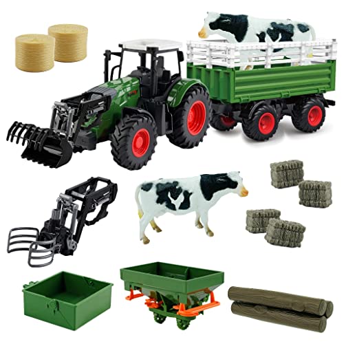 Hyrenee Farm Traktor Fahrzeuge Traktor Anhänger mit Greifer Round Bale Frontloade Tipping Anhänger Dünger Spreader mit Milch Kuh Ballen Farming Spielzeug Spielset für Jungen Kinder Kleinkinder von Hyrenee