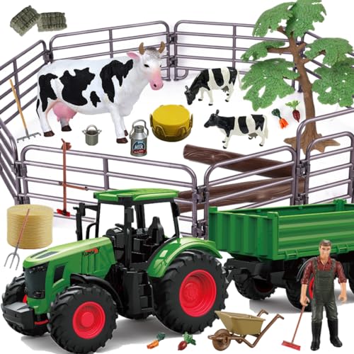 Hyrenee Farm Toys Bauernhof Tier Spielzeug Spielset Traktor mit Anhänger Zaun, Bauer, Baum, Kuh, Bauernhof Spielzeug Set für Jungen Mädchen Kinder Kleinkinder Alter 3-7 Jahre alt von Hyrenee