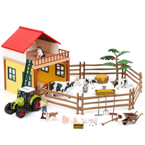 Hyrenee Bauernhof Tiere Figuren Spielzeug Playset- Tier Scheune Haus Spielzeug Set, Traktor, Bauer, Zaun, Geschenke für Mädchen Jungen Kleinkinder Kinder Alter für 3-7 Jahre alt von Hyrenee