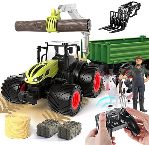 Hyrenee Ferngesteuerter Traktor Spielzeug RC Forstwirtschaft Bauernhof Traktor Spielzeug mit Logging Trailer Gelenkkran Arm1/24 Skala 2.4Ghz für 3-12 Jahre alt Jungen Kinder Kleinkinder von Hyrenee