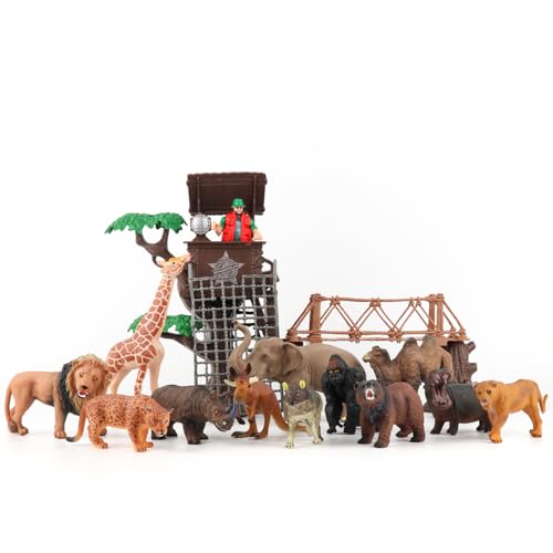 Hyrenee Safari Tierfiguren Spielzeuge mit Wild Ranger, Abenteuer Station, Zoo Afrikanische Dschungeltiere Spielset für Kinder Jungen Mädchen Kleinkinder Geschenk Set von Hyrenee