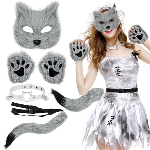 Halloween Kostüm Damen,Hysagtek Wolf Kostüm Kinder Fuchs Maske Halloween Kostüm mit Werwolf Schwanz Pfoten Kostüm und Leder Halskette Set für Cosplay Geburtstag Party Faschingskostüme & Karneval Party von Hysagtek