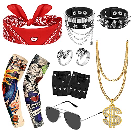 Hysagtek 11 Stück Verkleidungen Rock Zubehör, Punk Gothic Rocker Kit, 70er 80er 90er Jahre Schwermetall Rock Kostüm Kit, Punk Kostüm mit falschen Tattoo, Ärmeln, Bandana, Handschuhe, Ringe, Brillen von Hysagtek