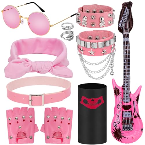 Hysagtek 11 Stück Verkleidungen Rock Zubehör Punk Gothic Rocker Kit 70er 80er 90er Jahre Schwermetall Rock Kostüm Kit Punk Kostüm mit falschen Tattoo Ärmeln Bandana Handschuhe Ringe Brillen, Rosa von Hysagtek