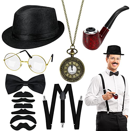 Hysagtek 20er Jahre Kostüm Herren,12 Stück Peaky Blinders Kostüm Accessoires Mafia Karneval Kostüm Herren mit Verstellbar Elastisch Hosenträger Halsschleife Fliege Taschenuhr,Ideal Kostüm für Partys von Hysagtek