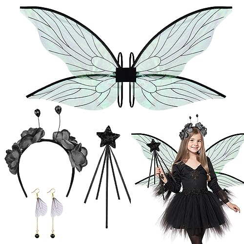 Hysagtek Fee Flügel Cosplay Kostüm Zubehör für Mädchen Frauen, glitzernde Schmetterlingsflügel mit Elfenohren/Blumenkrone/Stern Stab/Haarspangen für Halloween Maskerade Geburtstag Party (5 Stück) von Hysagtek