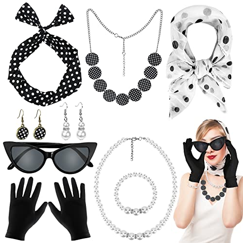 Hysagtek 50er Jahre Accessoires Damen,9 Stück Rockabilly Accessoires Damen Faschingskostüm Rockabilly mit Chiffon Schal Handschuhe Sonnenbrille Polka Dot Bandana Stirnband Ohrringe Halskette(Schwarz) von Hysagtek