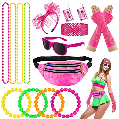 Hysagtek 80er Jahre Outfit Damen Accessoires,90er Jahre Party Outfit Damen Kostüm 80er Jahre mit Gürteltasche Netzhandschuhe Stirnband Halskette Armband Ohrring Brille Für Karneval Kostüm Damen von Hysagtek