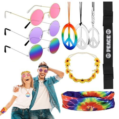 Hysagtek Hippie Accessoires Set, 9-teiliges Hippie Kostüm Herren Damen, Peace Kette, runder Sonnenbrille, Flower Power Accessoires buntes Stirnband für 70er 80 Jahre Retro Mottoparty Karneval Fasching von Hysagtek