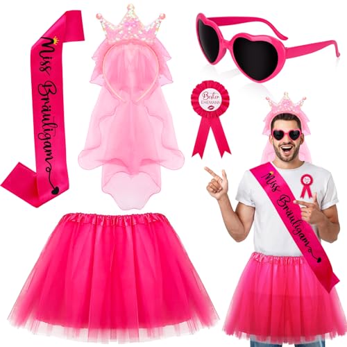 Hysagtek Junggesellenabschied Männer,5 Stück JGA Kostüm Accessoires Männer mit Rosa Tütü Herren,Rosa Love Brille,Abzeichen JGA Schleier Krone Stirnband Herren JGA Party Kostüm für Hochzeitsparty Spoof von Hysagtek