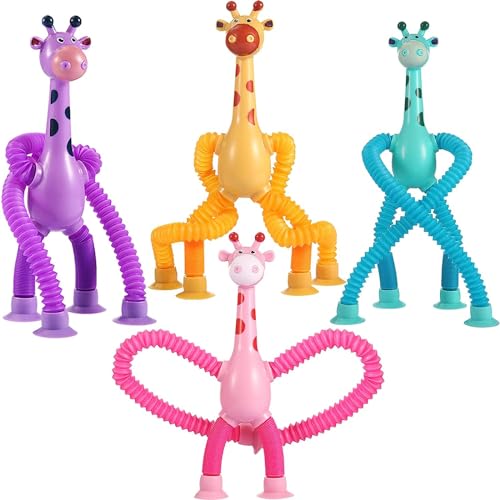 4 Stück Teleskop-Saugnapf-Giraffe-Spielzeug, Teleskop Giraffenspielzeug Mit Saugnapf Sensorisches Spielzeug Baby Lustiges Pädagogisches Stressabbau-Spielzeug für Kinder und Erwachsene von Hyxodjy