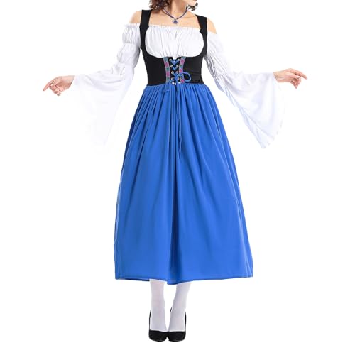 HzDazrl Dienstmädchen-Outfit für Damen, Halloween, langärmelig, kalte Schulter, langes Dienstmädchenkleid, Cosplay, süßes klassisches Dienstmädchen-Kostüm (Blau, XL) von HzDazrl