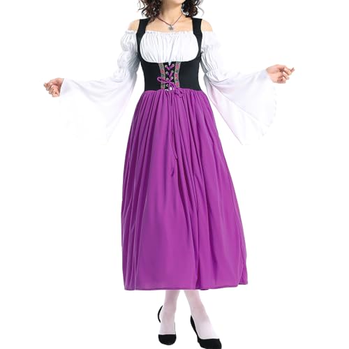 HzDazrl Dienstmädchen-Outfit für Damen, Halloween, langärmelig, kalte Schulter, langes Dienstmädchenkleid, Cosplay, süßes klassisches Dienstmädchen-Kostüm (Lila, XL) von HzDazrl