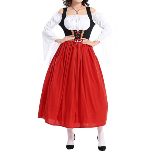 HzDazrl Dienstmädchen-Outfit für Damen, Halloween, langärmelig, kalte Schulter, langes Dienstmädchenkleid, Cosplay, süßes klassisches Dienstmädchen-Kostüm (Rot, L) von HzDazrl