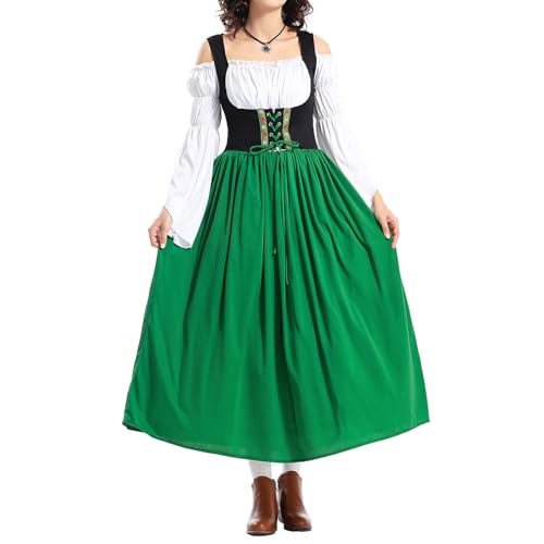 HzDazrl Dienstmädchen-Outfit für Damen, Halloween, langärmelig, schulterfrei, langes Dienstmädchenkleid, Cosplay, süßes, klassisches Dienstmädchen-Kostüm (Grün, L) von HzDazrl