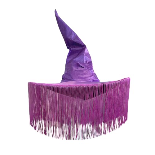 HzDazrl Halloween-Hexenhut für Damen, breite Krempe, spitze Kappe, Festival, Party-Zubehör, Vintage, Erwachsenenhut, Kopfbedeckung (Tassel gerüscht, Violett, Einheitsgröße) von HzDazrl