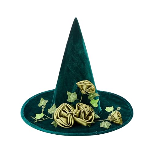 HzDazrl Halloween-Hexenhut für Damen, breite Krempe, spitze Kappe, Festival, Party-Zubehör, Vintage-Erwachsenenhut, Kopfbedeckung (3D-Blumen-Grün, Einheitsgröße) von HzDazrl