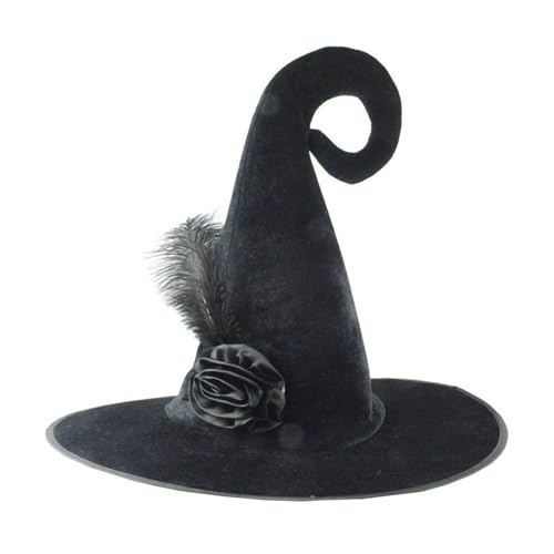 HzDazrl Halloween-Hexenhut für Damen, breite Krempe, spitze Kappe, Festival, Party-Zubehör, Vintage-Erwachsenenhut, Kopfbedeckung (Rosendekor, schwarz, Einheitsgröße) von HzDazrl