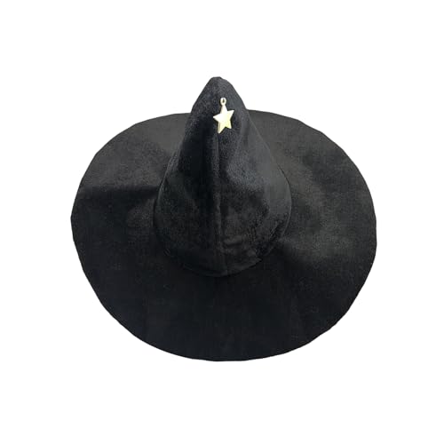 HzDazrl Halloween-Hexenhut für Damen, breite Krempe, spitze Kappe, Festival, Party-Zubehör, Vintage-Erwachsenenhut, Kopfbedeckung (Sternpunkt, Schwarz, Einheitsgröße) von HzDazrl