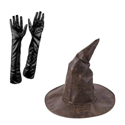 HzDazrl Halloween-Hexenhut für Damen, breite Krempe, spitze Kappe, Festival, Party-Zubehör, Vintage-Hut, Kopfbedeckung, Hut-Handschuhe, Set, braun, Einheitsgröße von HzDazrl