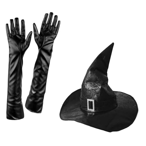 HzDazrl Halloween-Hexenhut für Damen, breite Krempe, spitze Kappe, Festival, Party-Zubehör, Vintage-Hut, Kopfbedeckung, Mütze, Handschuhe, Set, Schwarz, Einheitsgröße von HzDazrl